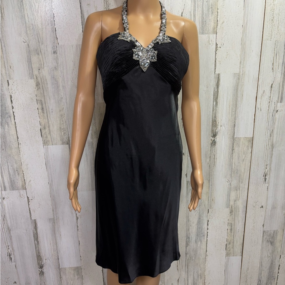 Morgan & Co Black Satin Beaded Halter Dress